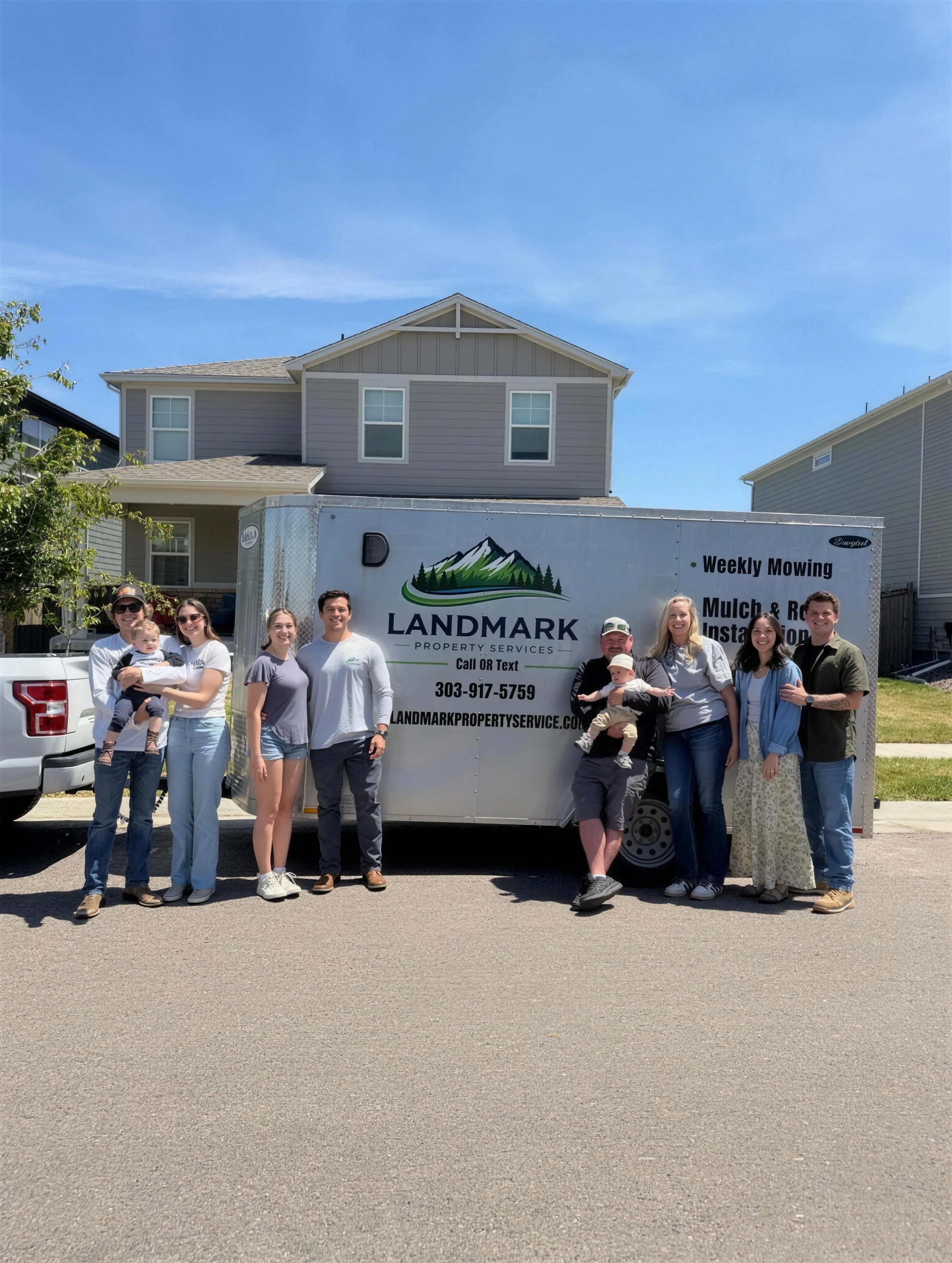 Chris and the Landmark family in front of the branded trailer