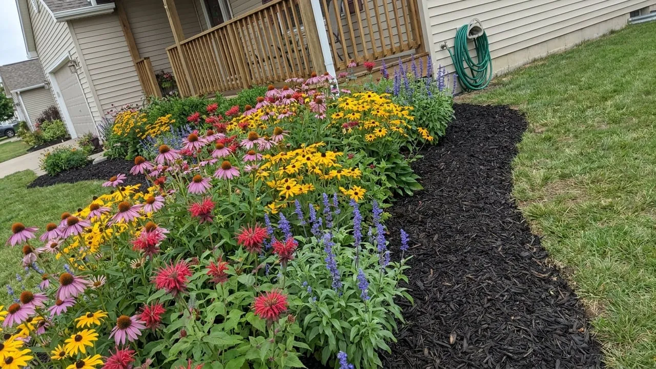 Planting bed refreshed with perennials and mulch