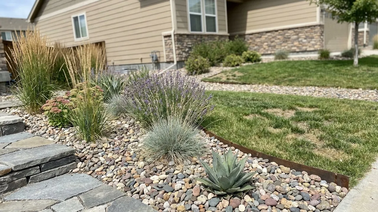 Low-water rock bed with ornamental grasses