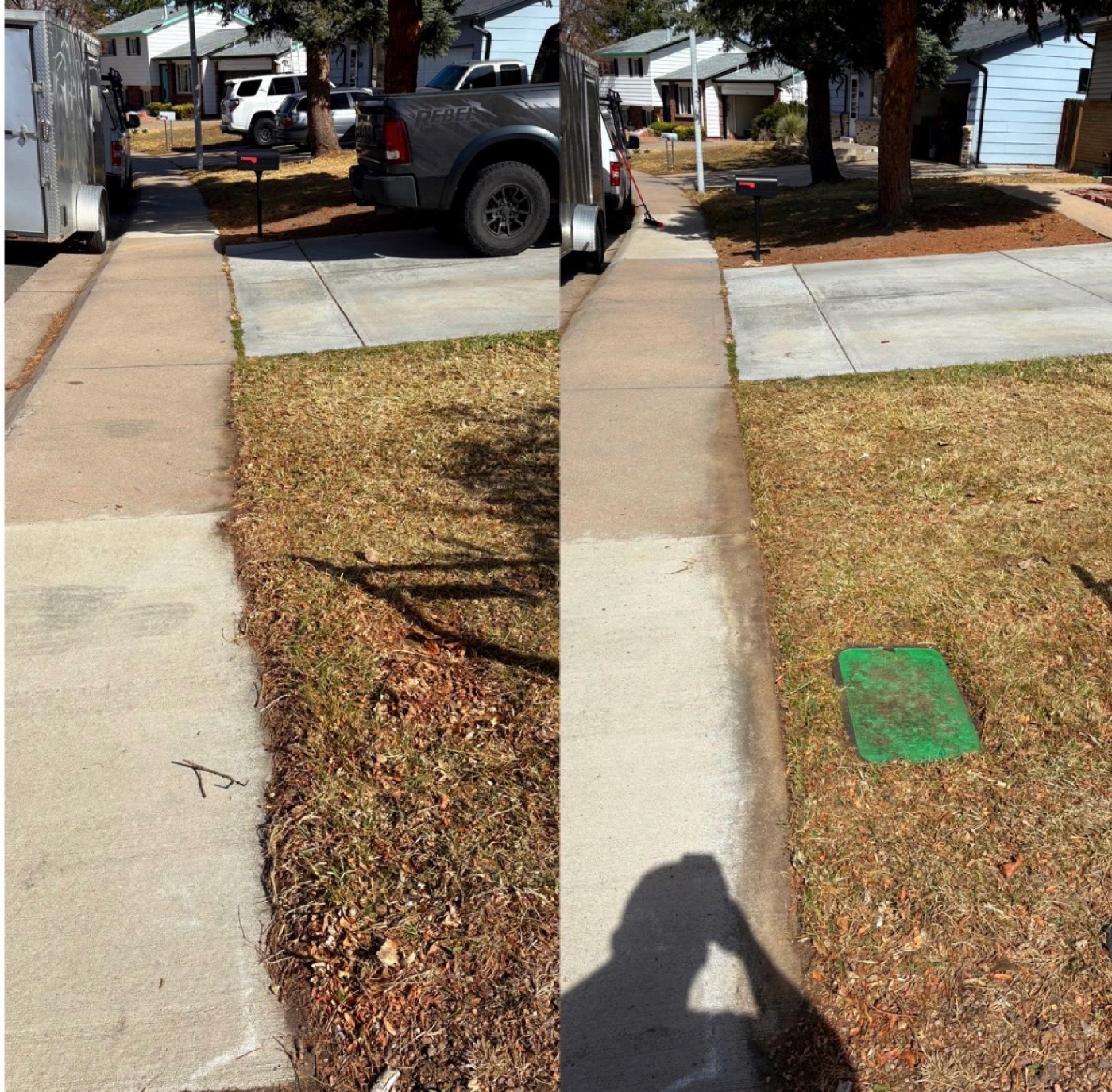 Before and after lawn mowing job in Littleton, CO